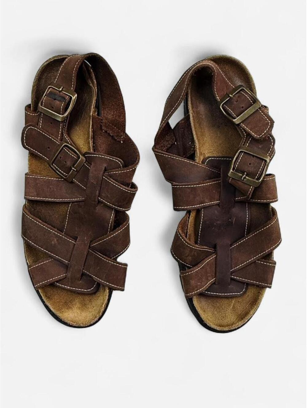 Vintage Brown Leather Woven Fisherman Sandals
